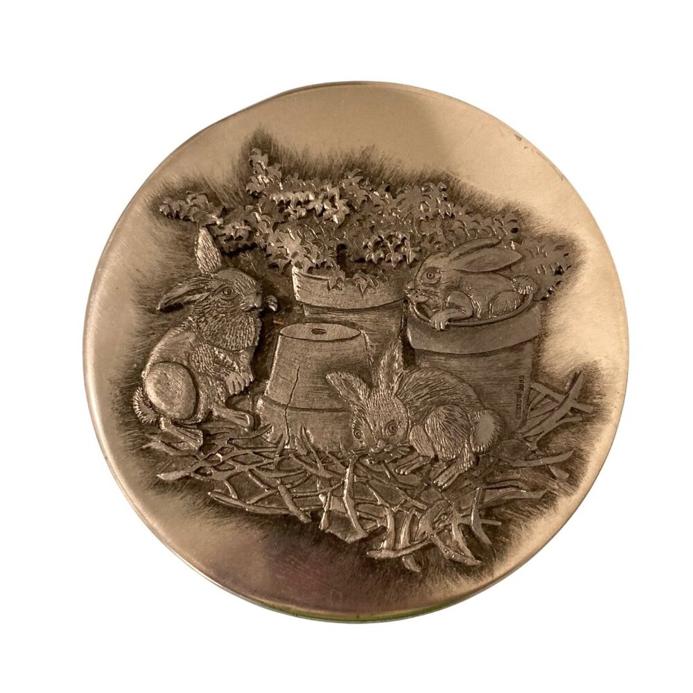 Metzke Cookie Tin Vintage Pewter Embossed Bunny Rabbits in a Garden